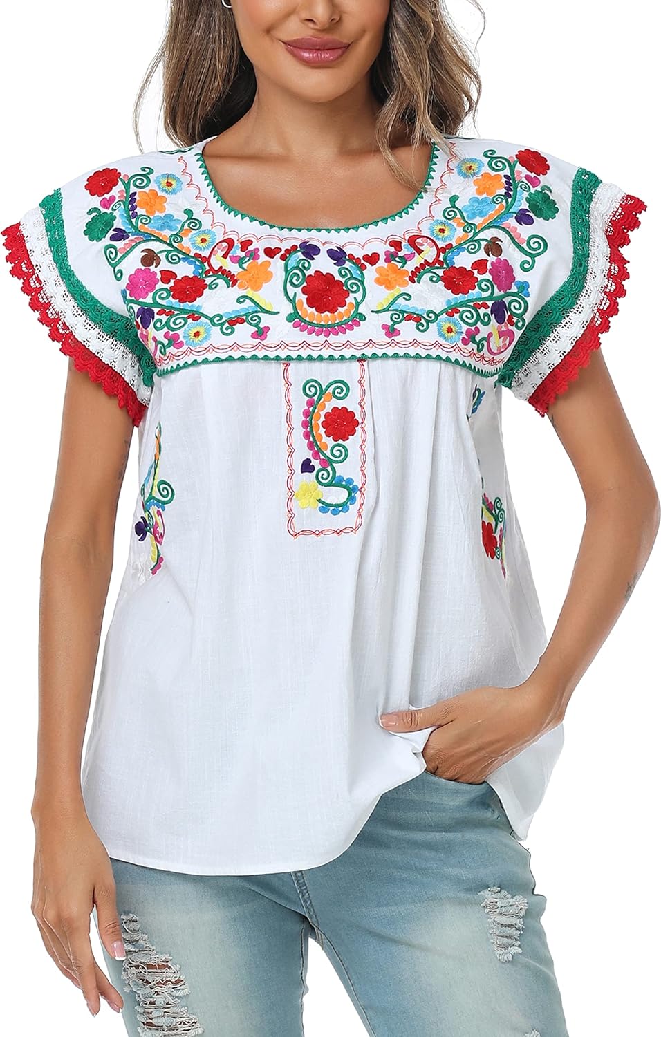 YZXDORWJ Women Mexican Embroidered Lace Traditional Colorful Blouse Tricolor Top Mexican Independence Day Shirt - Image 6