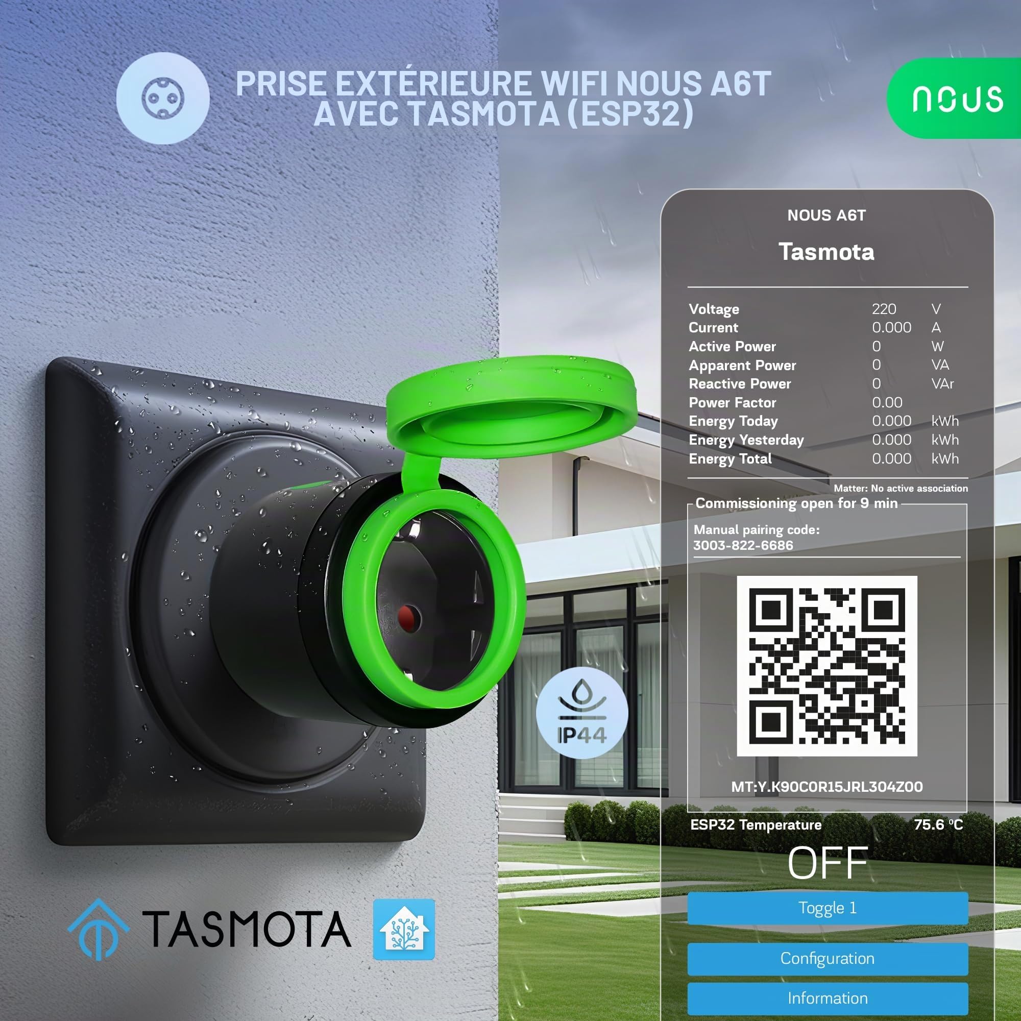 NOUS Tasmota Prise Exterieur Intelligente ESP32 Prise Étanche IP44 Prise 16A avec Consommation d'Électricité, Minuteur Compatible avec Alexa, Google Home Assistant MQTT, WiFi 2.4GH