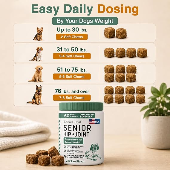 Glucosamine for Senior Dogs Hip and Joint Supplement, 60 Mobility Chews | Made with Glucosamine, MSM, Chondroitin, Green Lipped Mussels and More