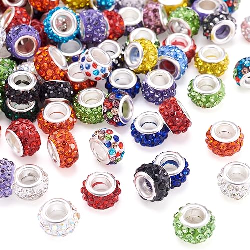 Vista 46 de Cheriswelry 100 cuentas europeas de agujero grande con diamantes de imitación de barril hechas a mano, arcilla polimérica, cuentas espaciadoras