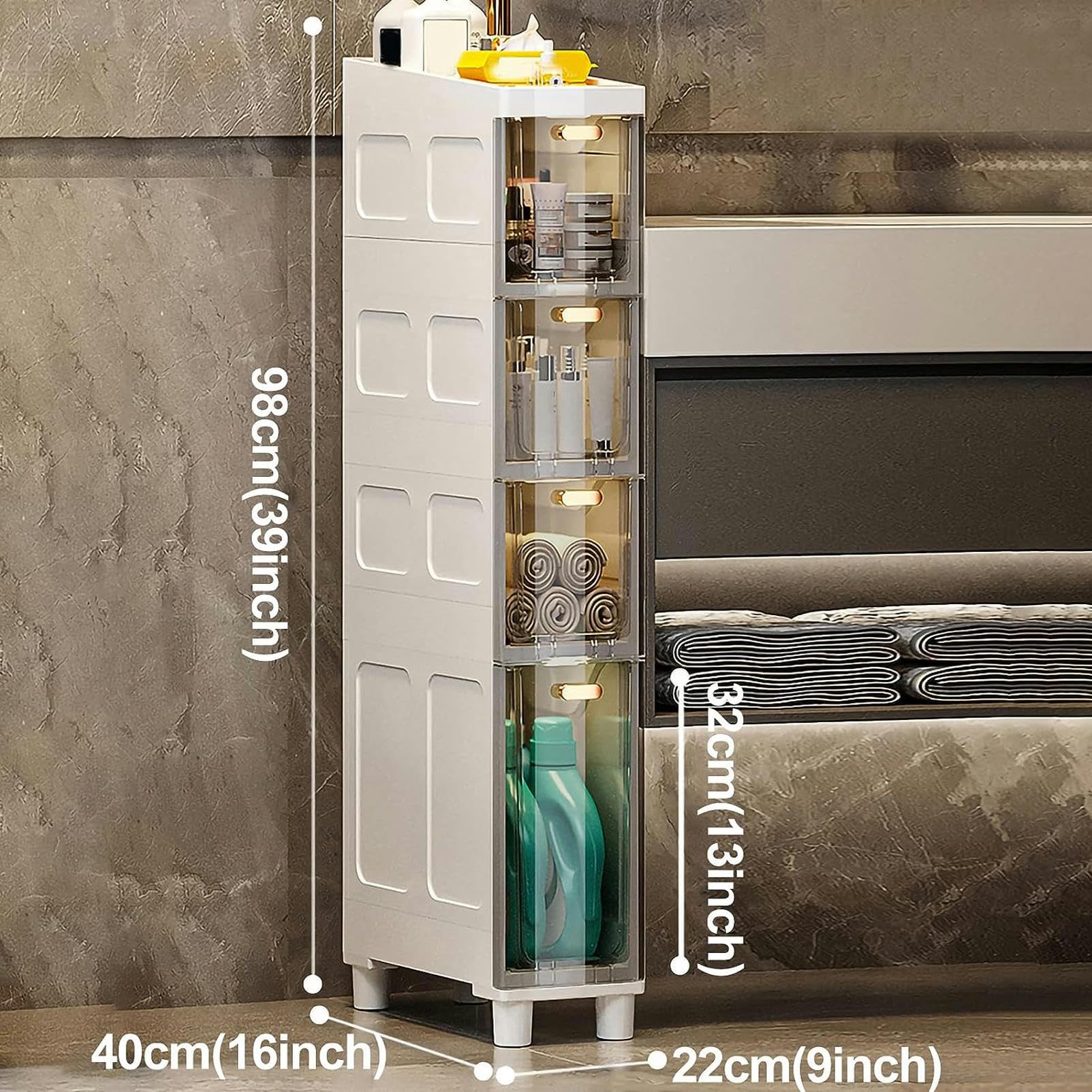 Gabinete de piso para baño con cajones de almacenamiento apilables Gabinete de baño Delgado de almacenamiento, Gabinete de almacenamiento de Papel higiénico Delgado de gr