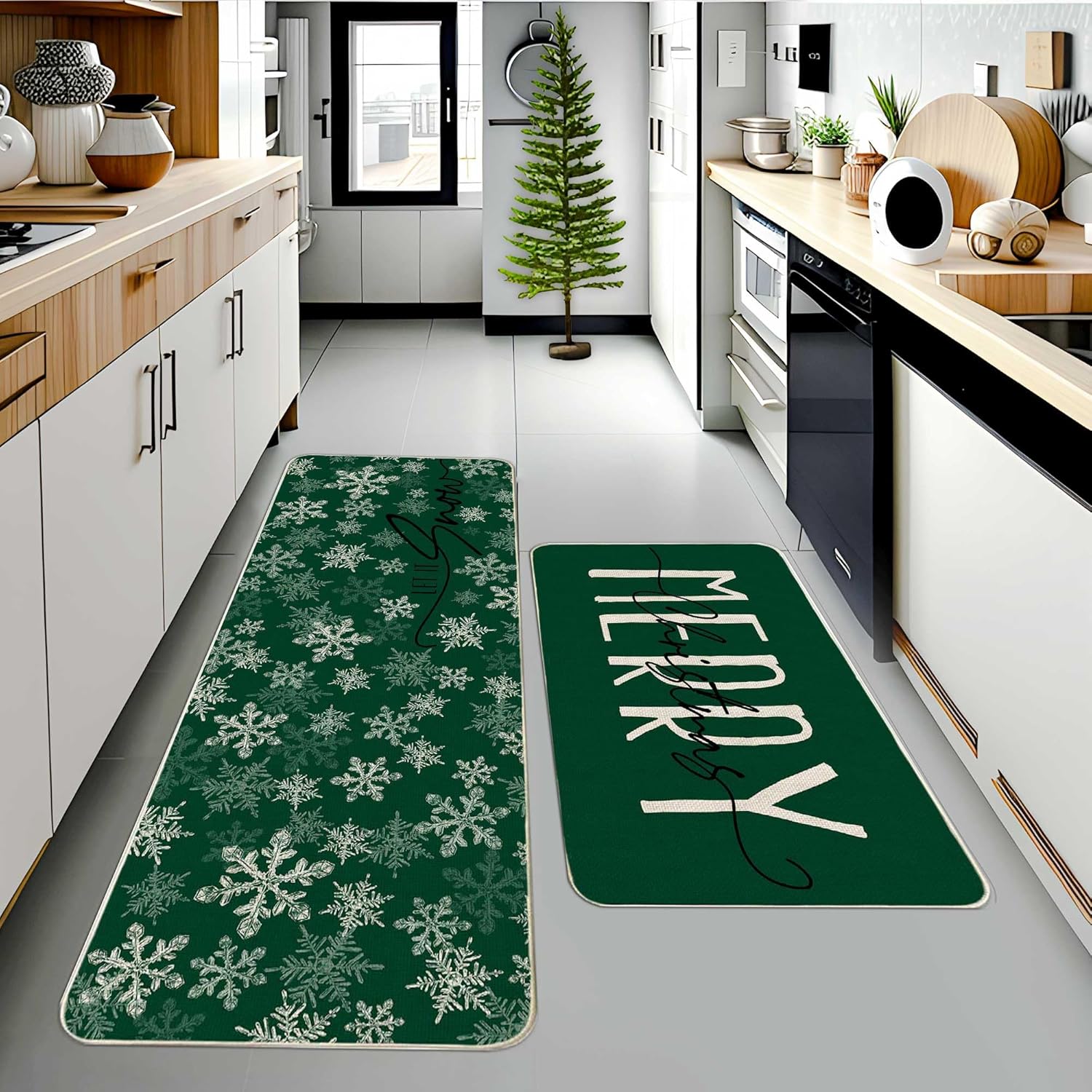 Lofaris 2 Pcs Christmas Kitchen Rugs and Mats Set, Non-Slip Buffalo Plaid Snowflake Floor Mat, Winter Holiday Home Decor for Kitchen, Farmhouse (17"x29" & 17"x47")