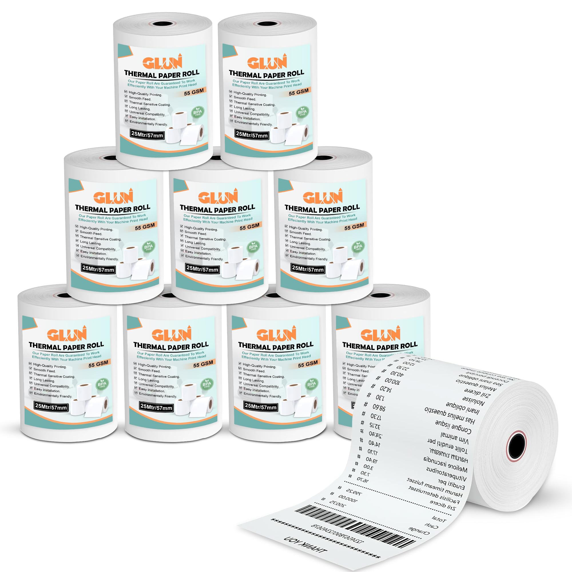 GLUN® POS Receipt Thermal Paper Rolls, Pack of 10 Rolls 57mm(2 inch) x 25 Meter Size, Smudge & Jam-Free Rolls for Cash, Retail, Restaurants Billings-image-23