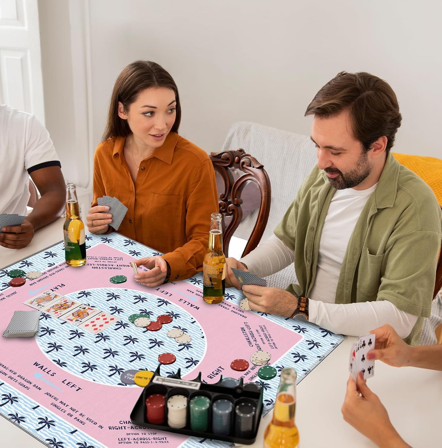 Tropical Palm Tree Mahjong Mat 31.5" x 31.5", Pink and Blue Coastal Beach Non-Slip Noise Reduction Mahjong Table Cover Accessories Supplies for Dominoes Poker Card Board and Tile Games Gifts