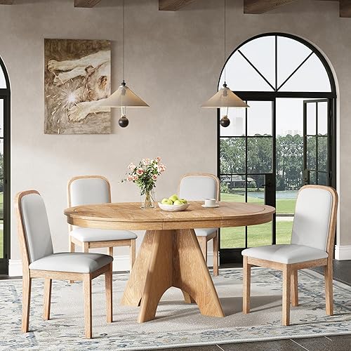 Miniatura 15 de Juego de comedor retro funcional de 5 piezas, mesa de comedor extensible de madera maciza con 4 sillas tapizadas y respaldos de ratán, juego de mesa