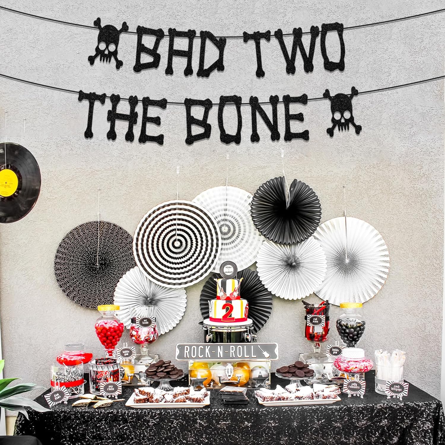 Rock n Roll 2nd birthday Party Decorations Bad Two the Bone Black Banner Two Rocks Birthday Decor Retro Musical Birthday Banner for Music theme 90s Birthday Party Boys Girls