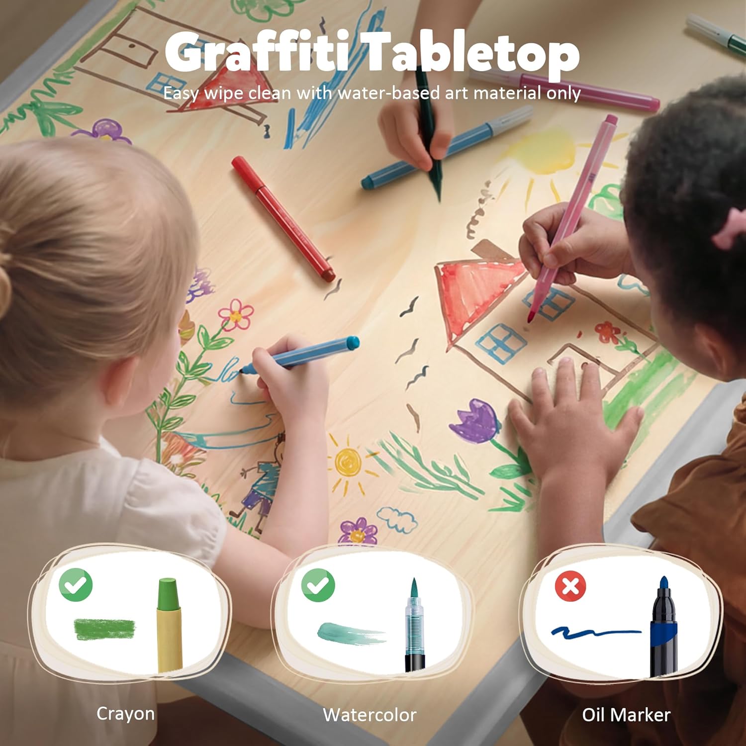 TODEFULL Kids Table and 4 Chairs Set for Toddlers, Height Adjustable Toddler Desk 31.5" L x 23.6" W Graffiti Tabletop, Home/Preschool/Daycare/Classroom Study Activity Table and Chairs for Kids 2-5