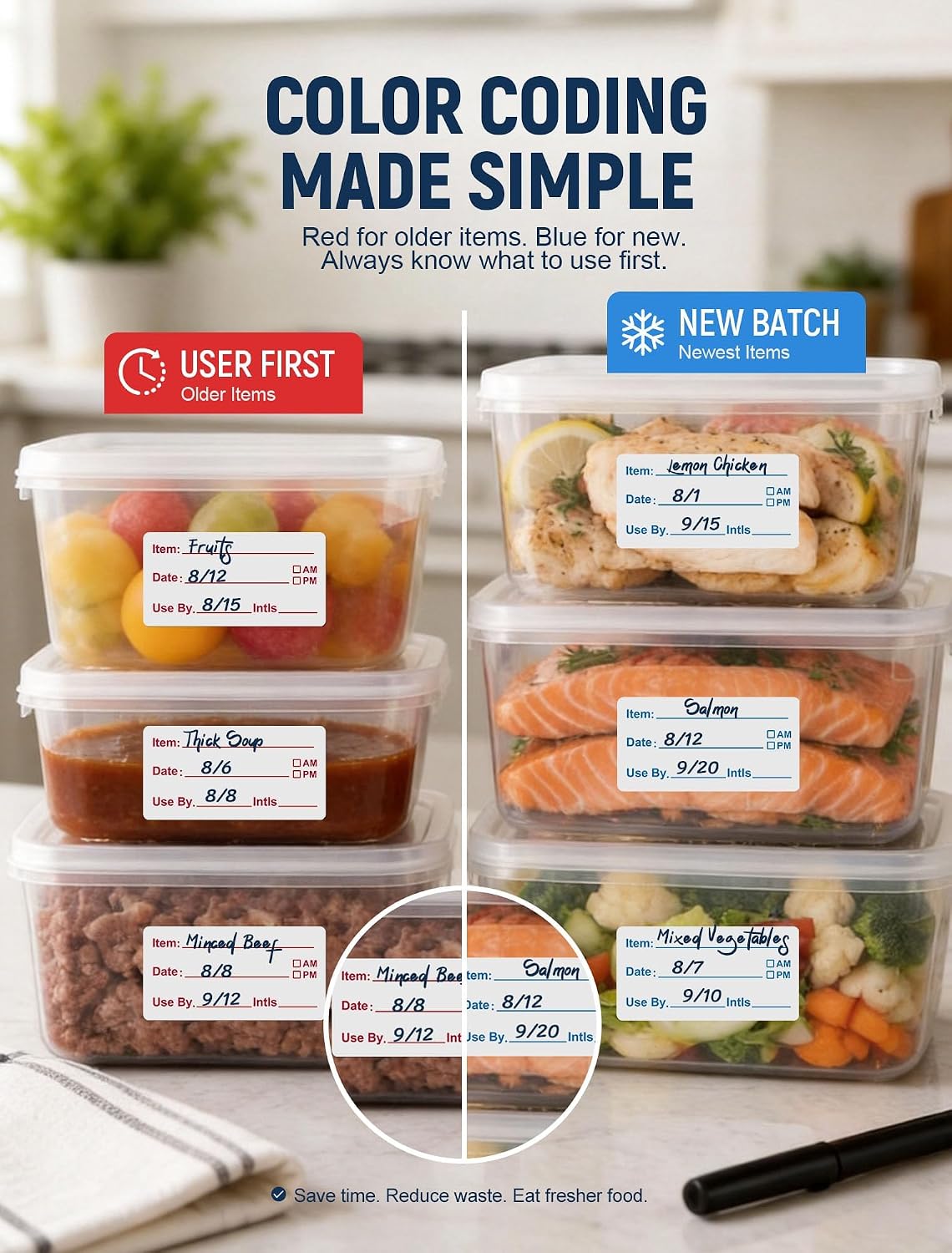 2 Rolls 1000 Pcs Removable Food Labels, 1 x 2 Inch Date Stickers w/Bonus Writing Pen for Freezer Refrigerator Food Containers, Easy to Write on Food Labeling for Food Storage Organization Kitchen Use image 4