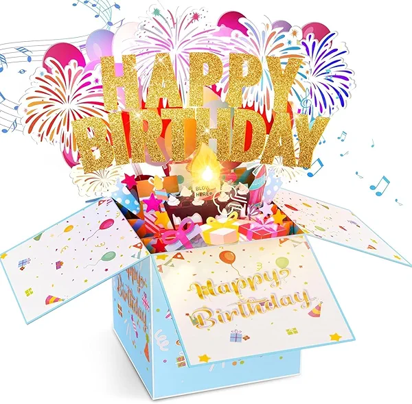 Large Pop Up Birthday Cards with Blowable Lights and Music,1-100 Ages Funny Happy Birthday Cards 3D Greeting Cards Special Birthday Gifts for Kids Teens Women Men Son Daughter