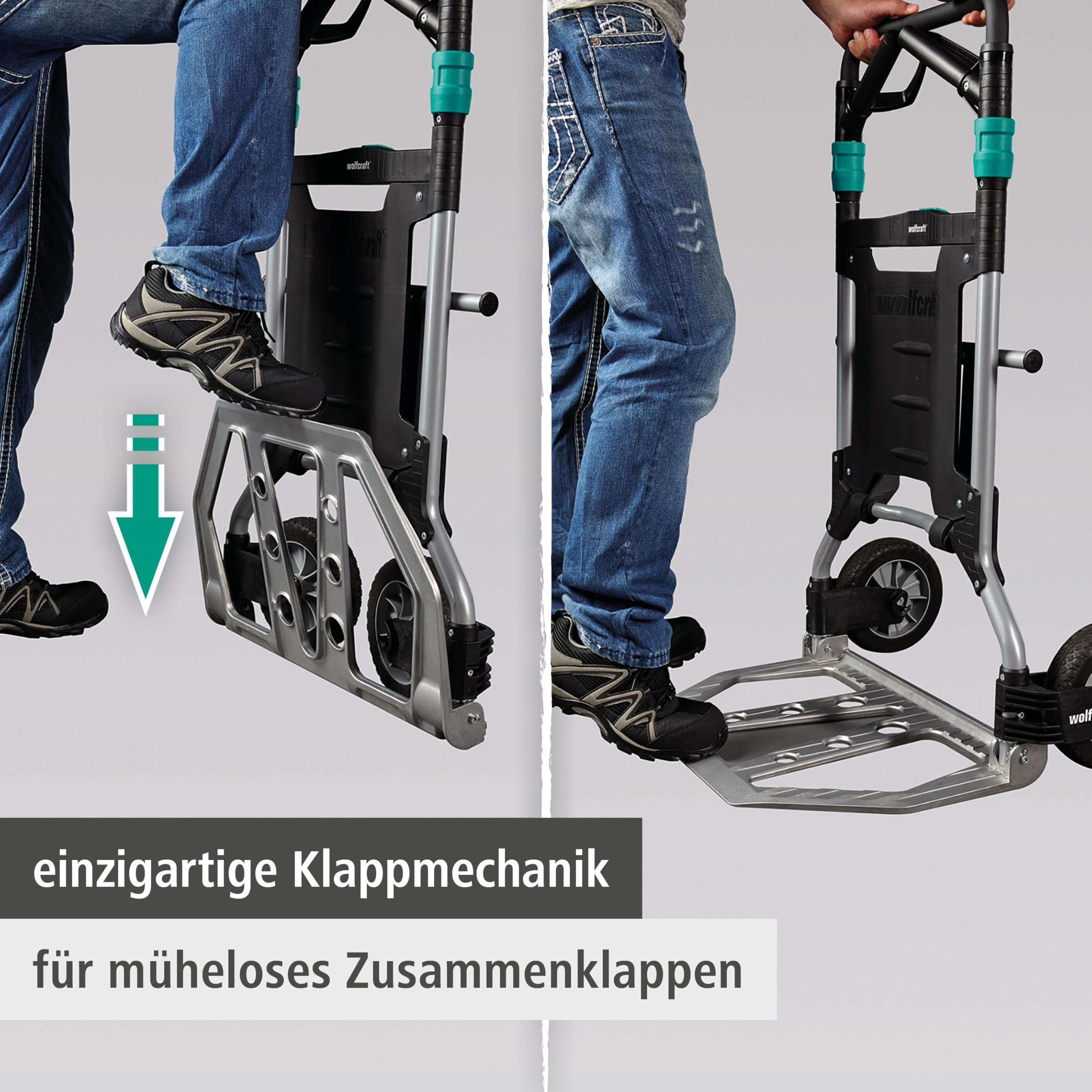 wolfcraft TS 1500 Transportsystem - Profi Sackkarre für Lasten bis 200 kg | Klappbarer Handkarren, ideal für Außengelände und Treppen, extragroße Schaufel, pannensichere Räder, Made in Europe - 5525000