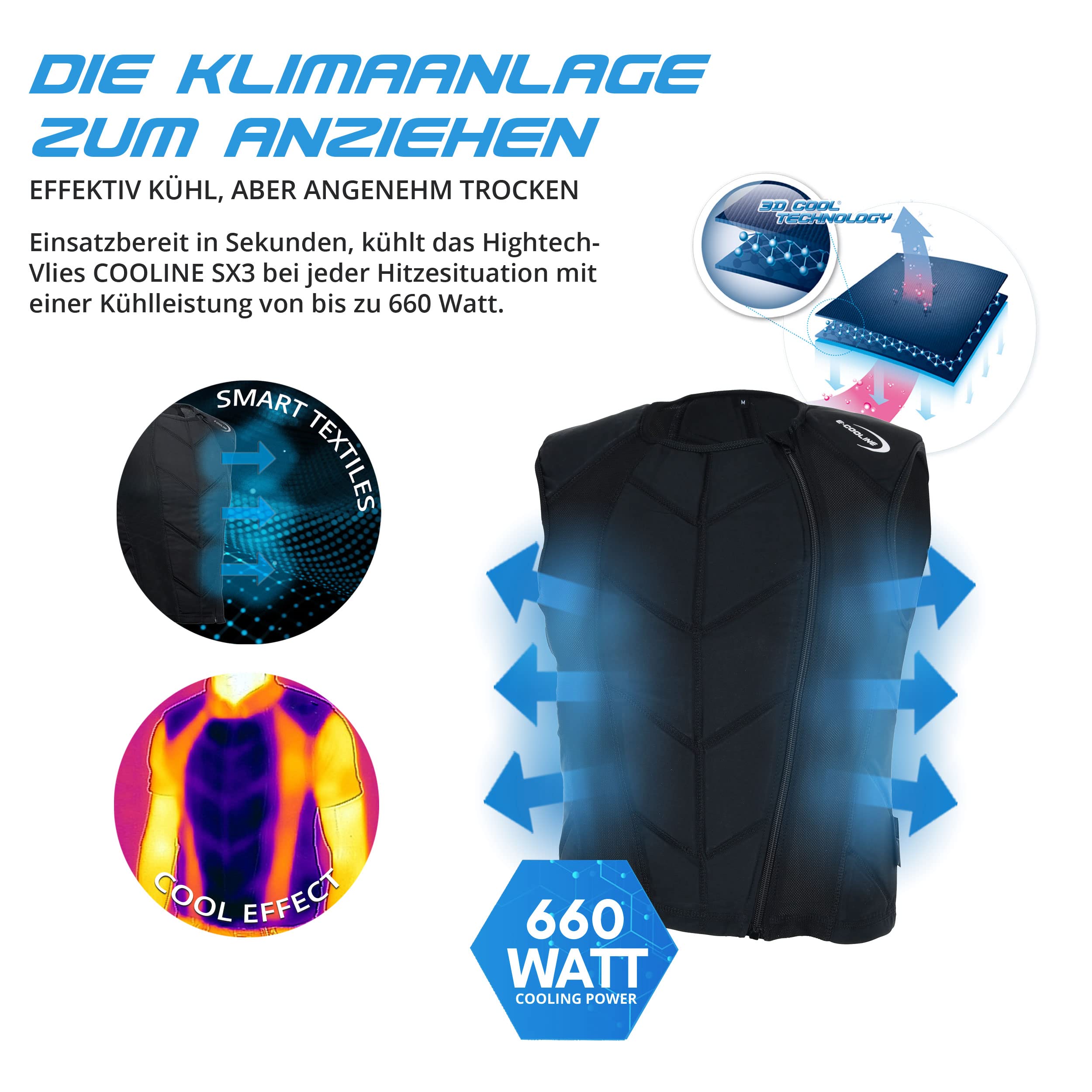 E.COOLINE Powercool SX3 RaceWeste - Kühlweste für Reisen - Rennweste mit Kühleffekt - Körperkühlung - Klimaanlage zum Anziehen