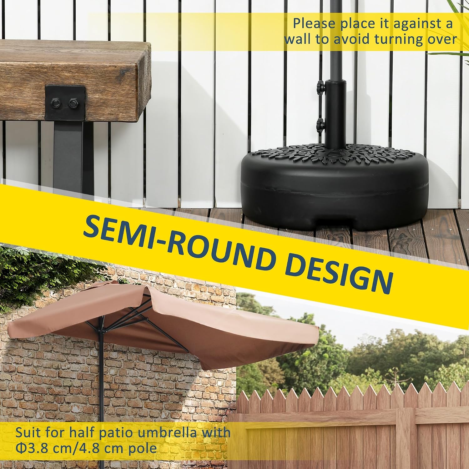 Outsunny Sand or Water Filled Half Patio Umbrella Stand Holder, Half Round Umbrella Base, Fit 1.5" or 2" Pole, 40lb Capacity Water or 46lb Capacity Sand for Lawn, Deck, Backyard and Garden, Black