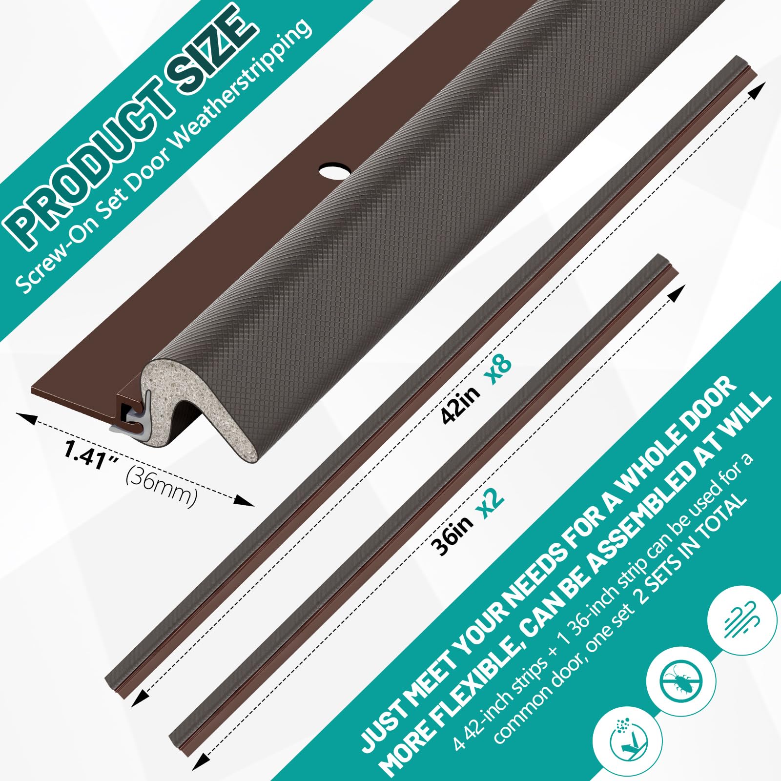 Yuntau Przykręcane uszczelki do drzwi 106 cm, 91 cm, z aluminiowym uchwytem i uszczelką piankową, na zewnątrz, dźwiękoszczelna uszczelka w kształcie litery V, do boków i góry, 10 szt