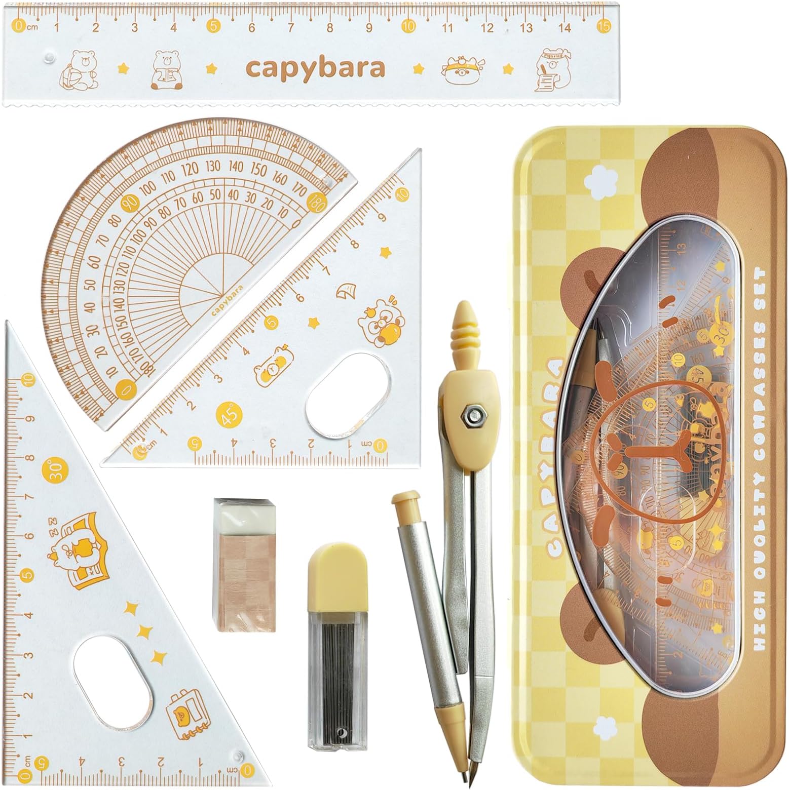Ruler and Compass Set, Student Ruler Set, Compass, Straight Ruler, Triangular Ruler, Semicircular Protractor, Eraser, Drafting Tool, Math Ruler Set, Elementary Students, Stationery, Geometry, Middle