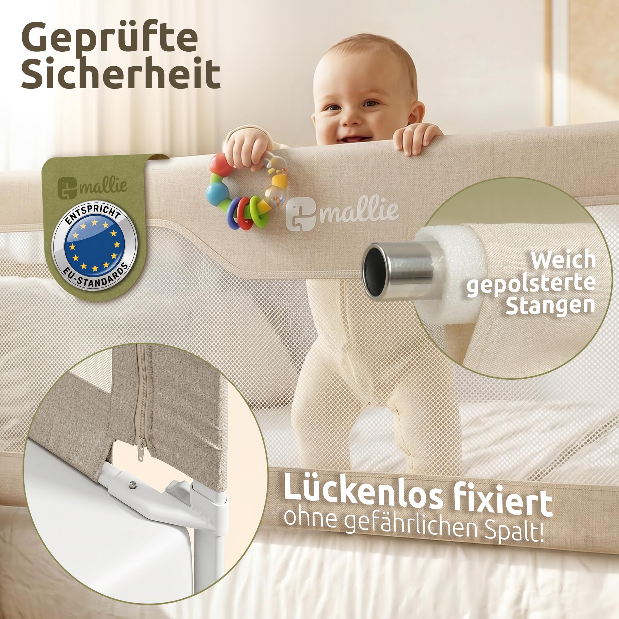 Mallie® Rausfallschutz Boxspringbett 180x200cm Elternbett Beige | 3-seitiges Set mit MALLIEFIX 2.0 Click-System, extra hoch | Bettgitter & Bettschutzgitter für Baby & Kinder