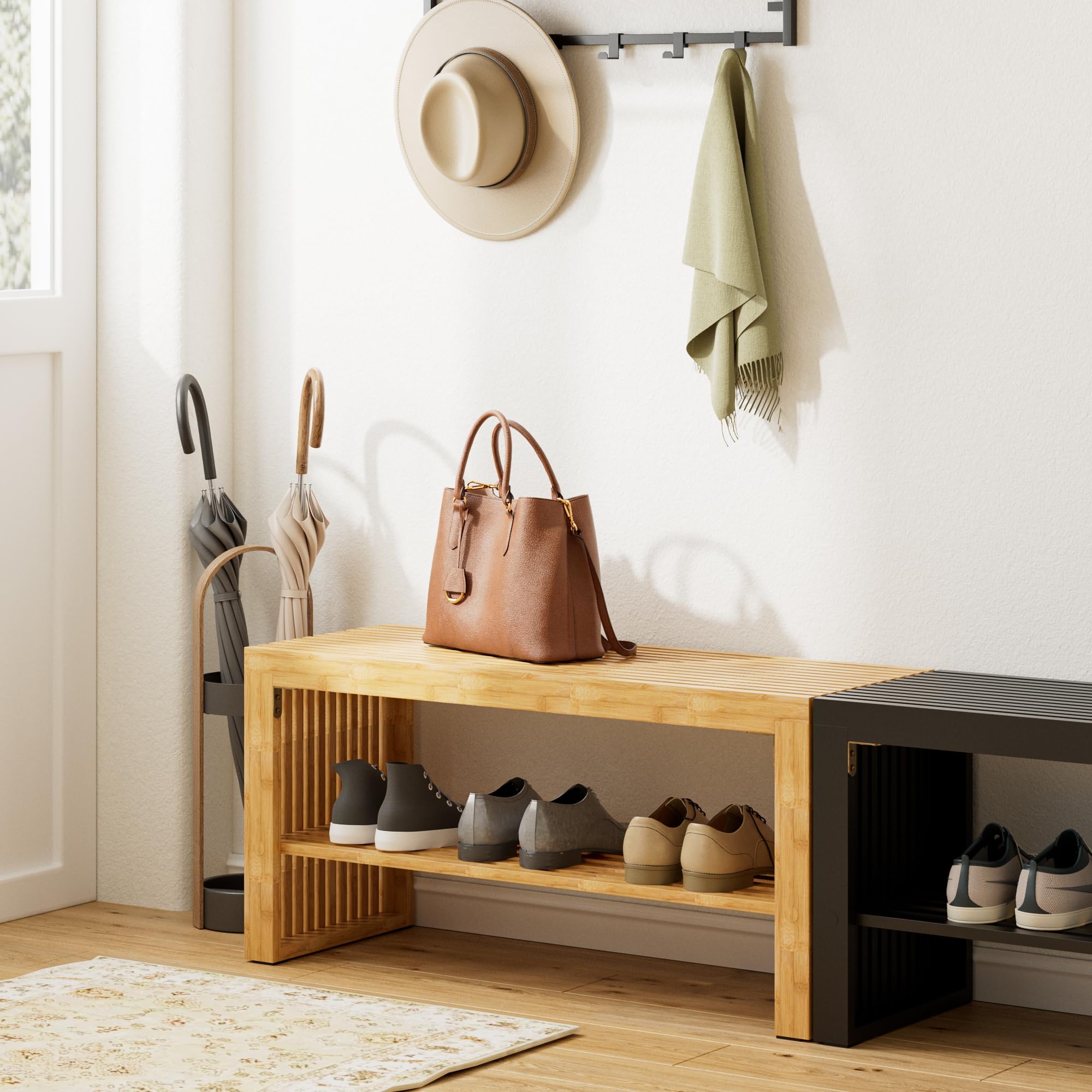 HEYZOEY Schuhbank aus Bambus mit Schuhablage, Sitzbank für Flur und Eingangsbereich, Schuhregal mit Sitzfläche, rutschfest & belastbar bis 250 kg, 90×33×43 cm,Schlafzimmer & Badezimmer((Bambus-Natur)