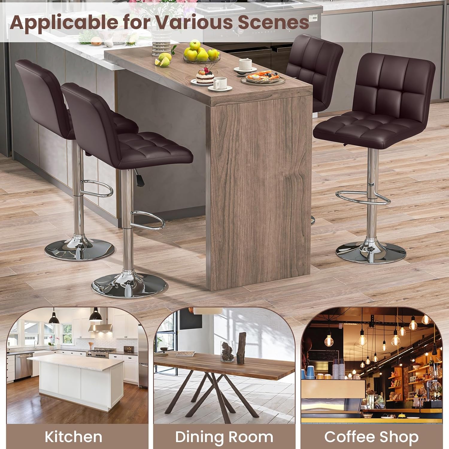 COSTWAY Bar Stools Set of 4, Modern PU Leather Swivel Bar Chairs, Height Adjustable Upholstered Barstools with Premium Gas Rod, Sturdy Footrest, Round Base, for Kitchen, Dining Room, Office, Brown