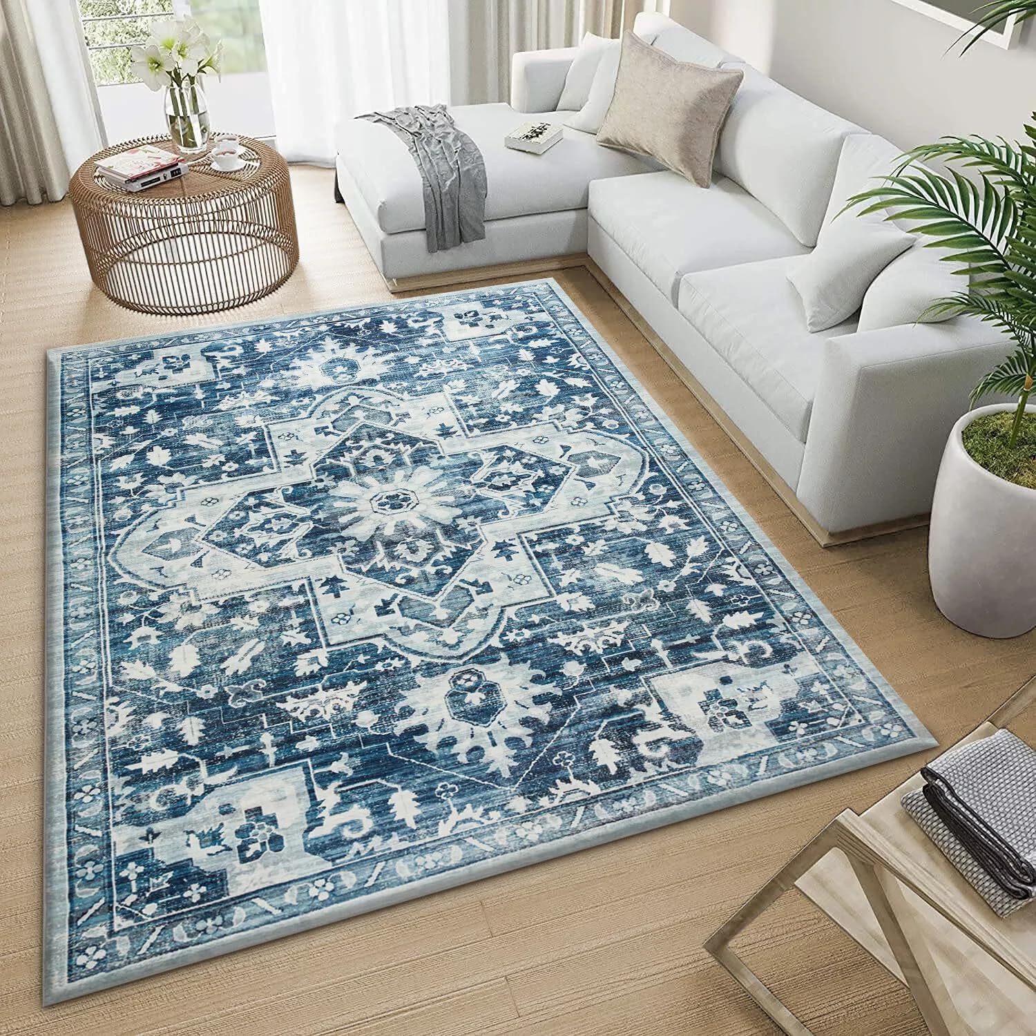 Imperial Rooms Machine Washable Bedside Small Rug 40x60 cm - Soft Short Pile Blue Area Rugs For Bedroom Entrway Non Slip Floor Carpet Traditional Vintage Design Cashmere Door Mat For Kitchen, Tranquil — image 1