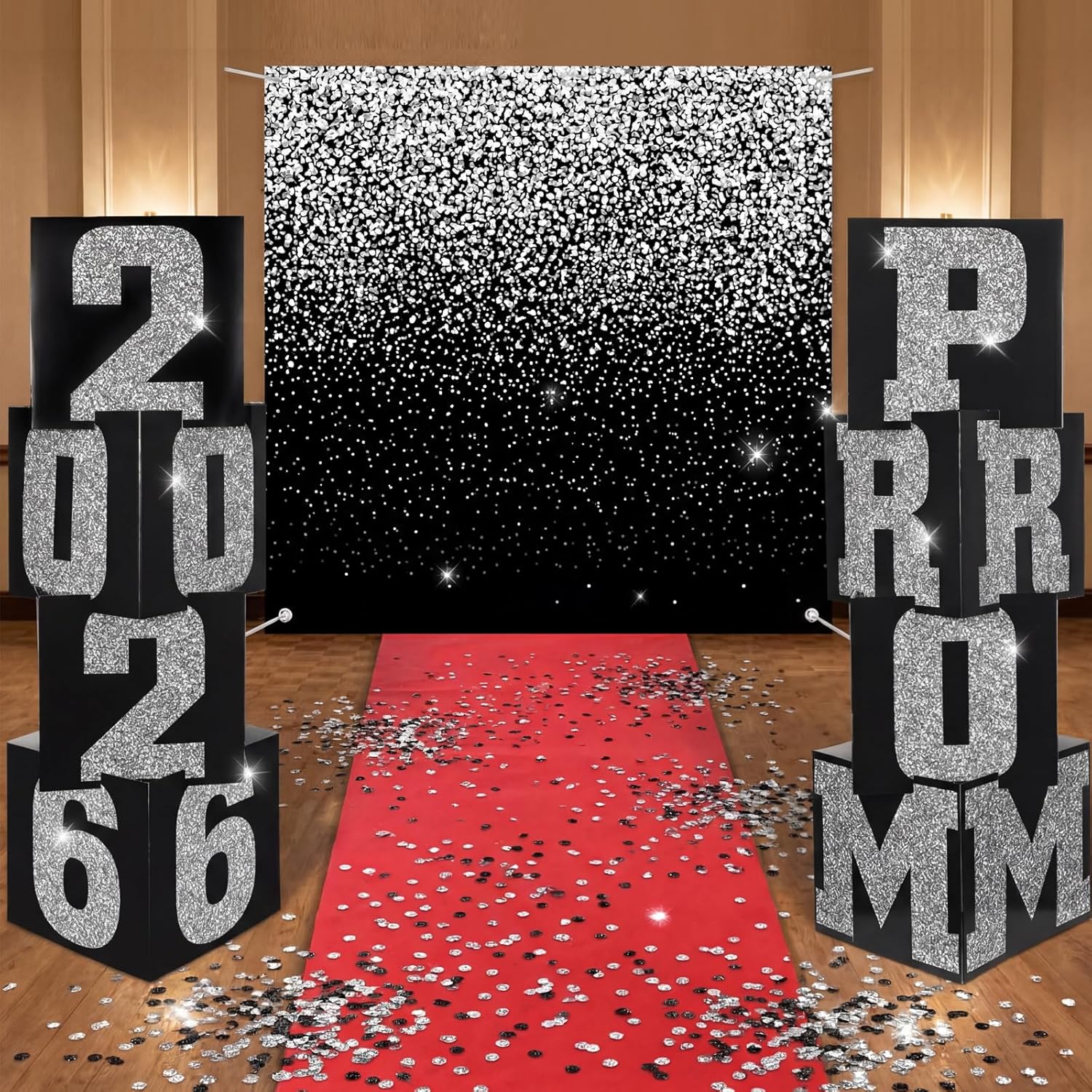 Yexiya 10 Pcs Prom Column Standup Photo Booth Decorations Set 2026 Prom Backdrop Balloon Boxes Cardboard Decoration Column with Background Banner Red Carpet for Party College(Black Silver)