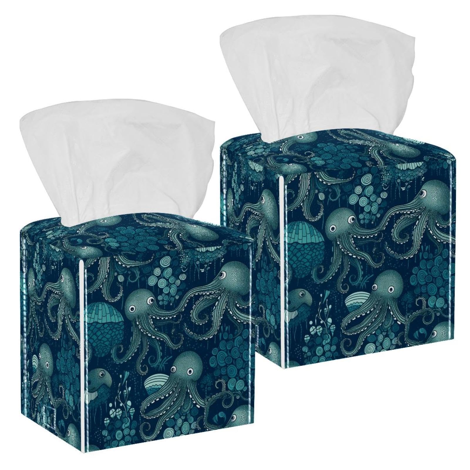 Cartoon Octopus Tissue Box Cover, 2 Pack PU Leather Square Facial Tissue Dispenser Box holder for Home Office Car