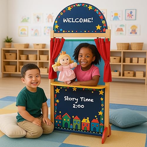 Miniatura 10 de Constructive Playthings Teatro de marionetas de madera dura de tamaño infantil, incluye pizarra, cortina y telón de fondo, constructivo duradero,