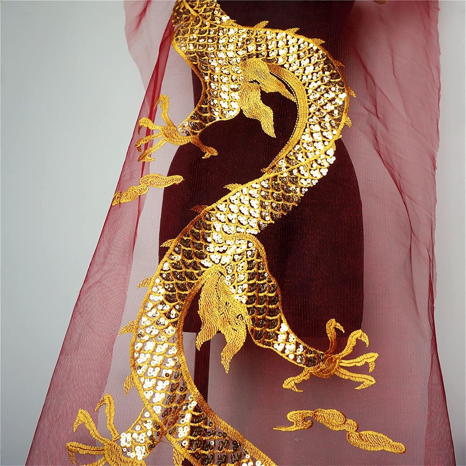 YUNSI Decorative Patches Gold Sequins Chinese Dragon Red Mesh Embroidered Wedding Gown Appliques Lace Trims Sew On Patch for Dress DIY Decoration