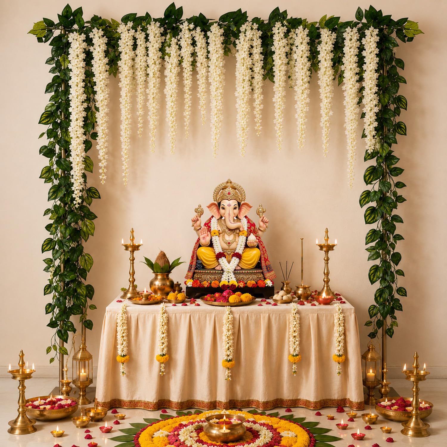 Party Propz Ivory Wisteria Artificial Flower Hanging for Ganpati Decoration- 14Pcs Ganpati Decoration Setup For Home, Money Plant Artificial Leaf, Varamahalakshmi Decorative Items, Krishna Janmashtami