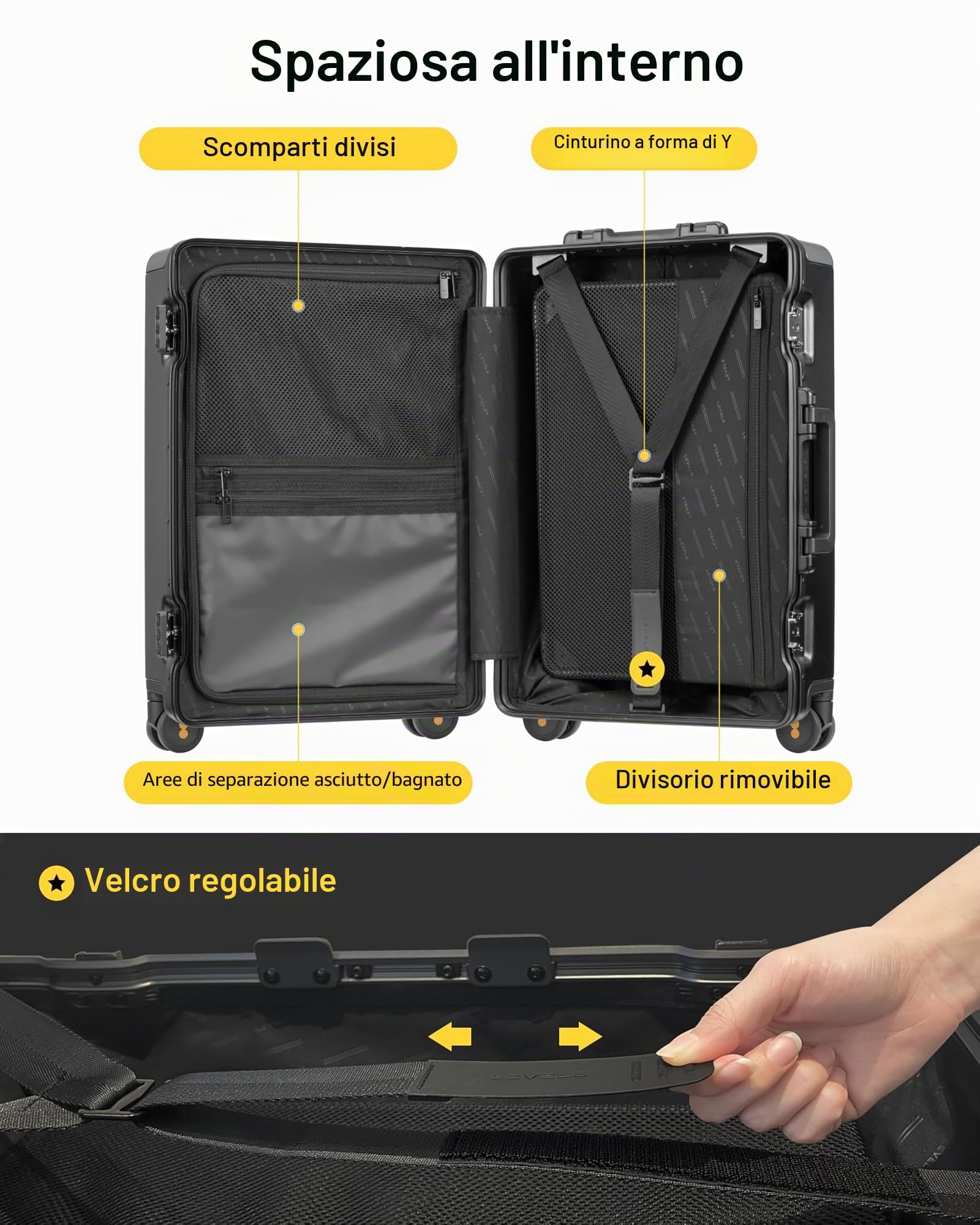 LEVEL8 Valigia, valigia da viaggio telaio in alluminio, valigia a mano Cabin con doppio TSA Lock Suitcase Zipperless bagagli HeGent (56cm, 38L, Nero)