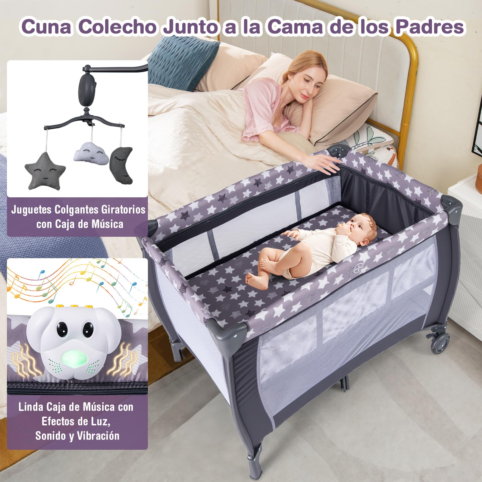 COSTWAY Cuna Bebe 3 en 1 con Cambiador de Pañales, Parque Infantil Portátil con Moisés Desmontable, Cuna de Viaje Plegable con Barra de Juguetes Giratoria, Colchón, Bolsa de Transporte (Natural)