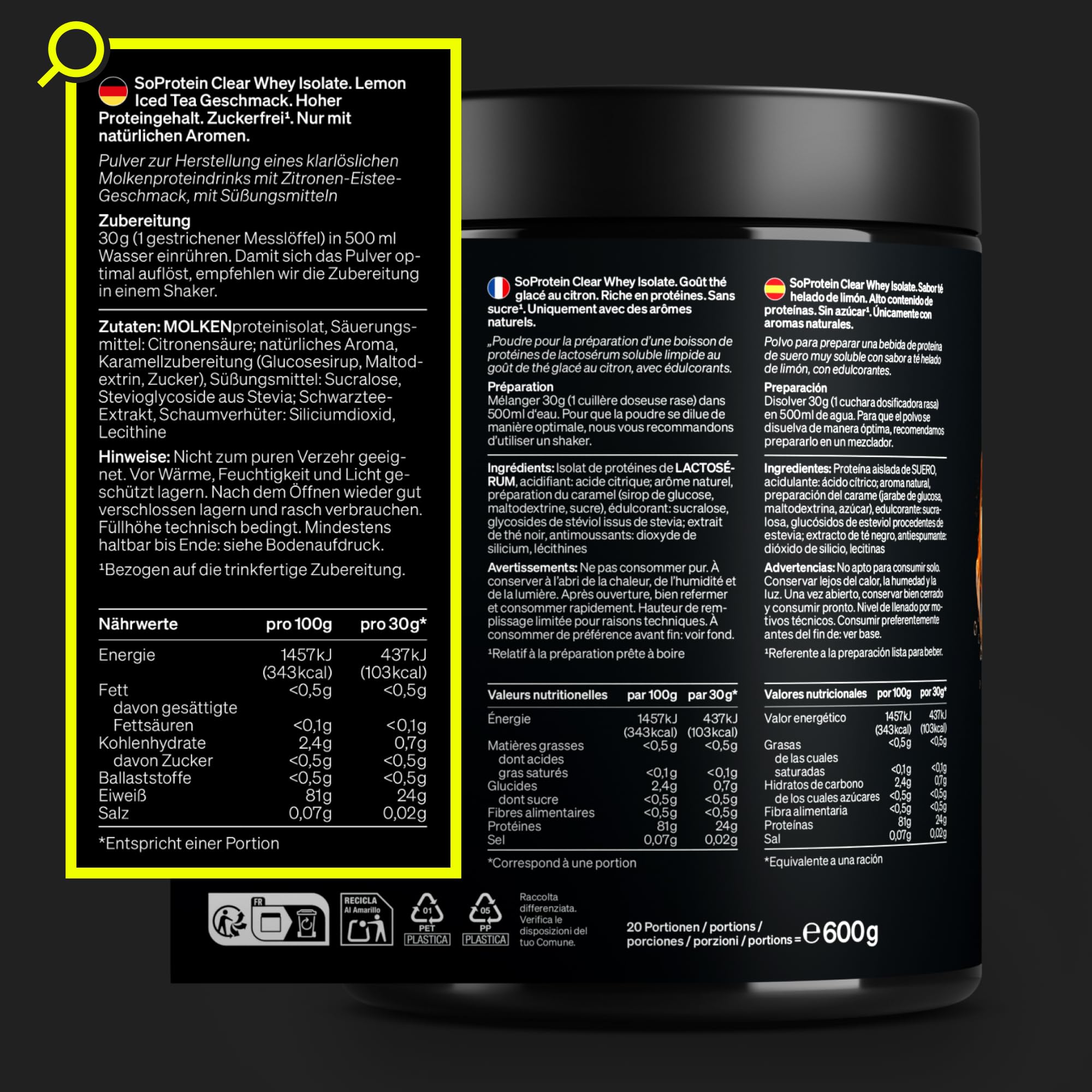 natural elements SoProtein Clear Whey Isolate 600g – Lemon Iced Tea Geschmack – Proteinpulver – erfrischender Protein-Shake – in Deutschland produziert & laborgeprüft