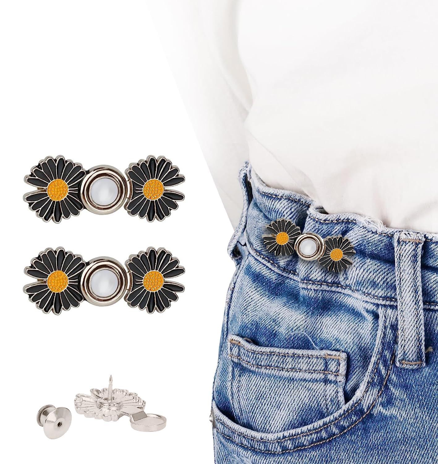 bhabha salesbhabha sales 2pcs Pant Waist Tightener, Adjustable Waist Buckle Set, Extra Button for Jeans to Make Tighter, Instant Jeans Button Pins for Pants Jeans Skirts, No Sewing Required (Daisy Flower Black-2)