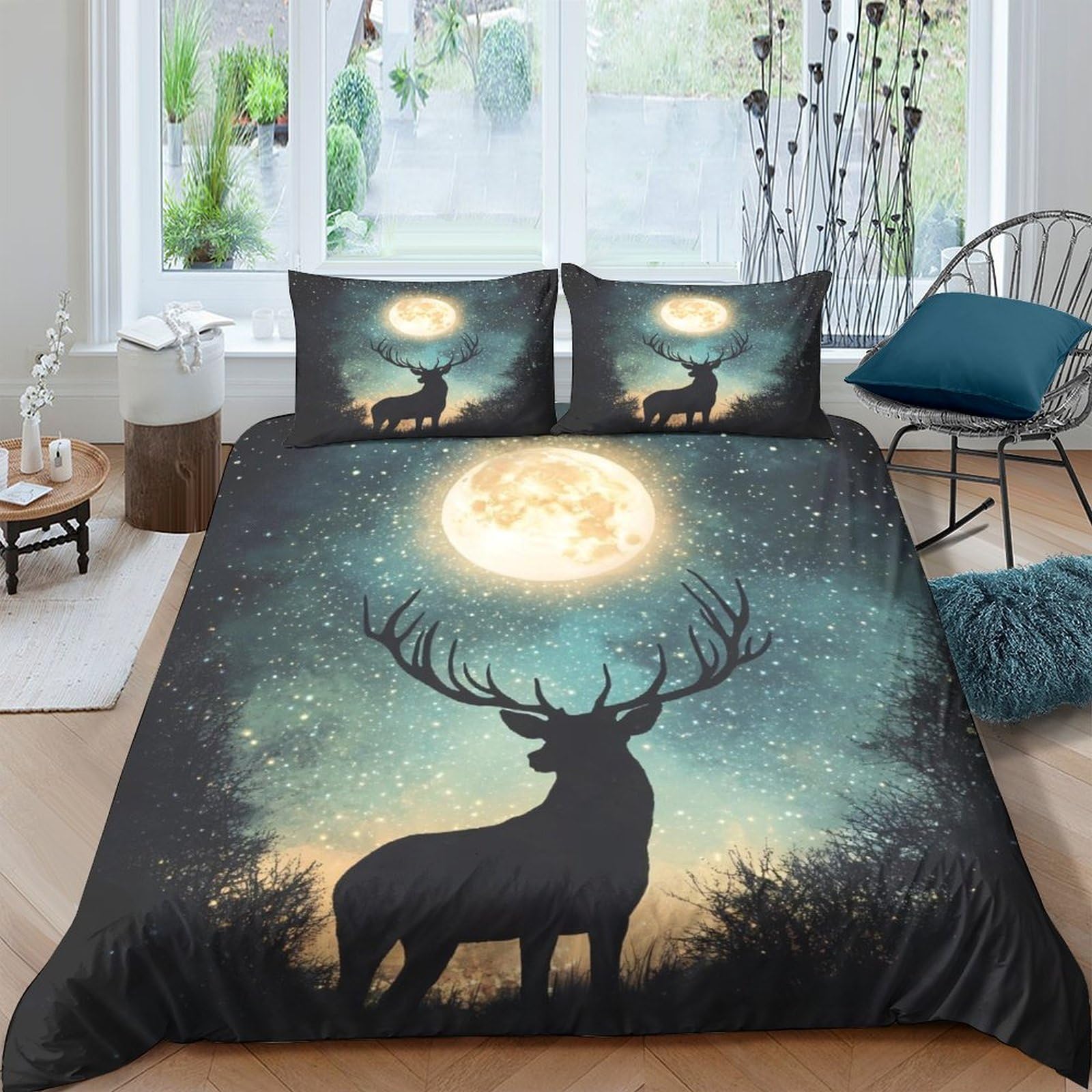Ctjqhvkz Style-8 3D Printed Moonlight Deer Fitted Sheet Microfiber Soft Breathable Forest Shadow Mattress Cover For Bedroom Home Decor Single（135X200cm）