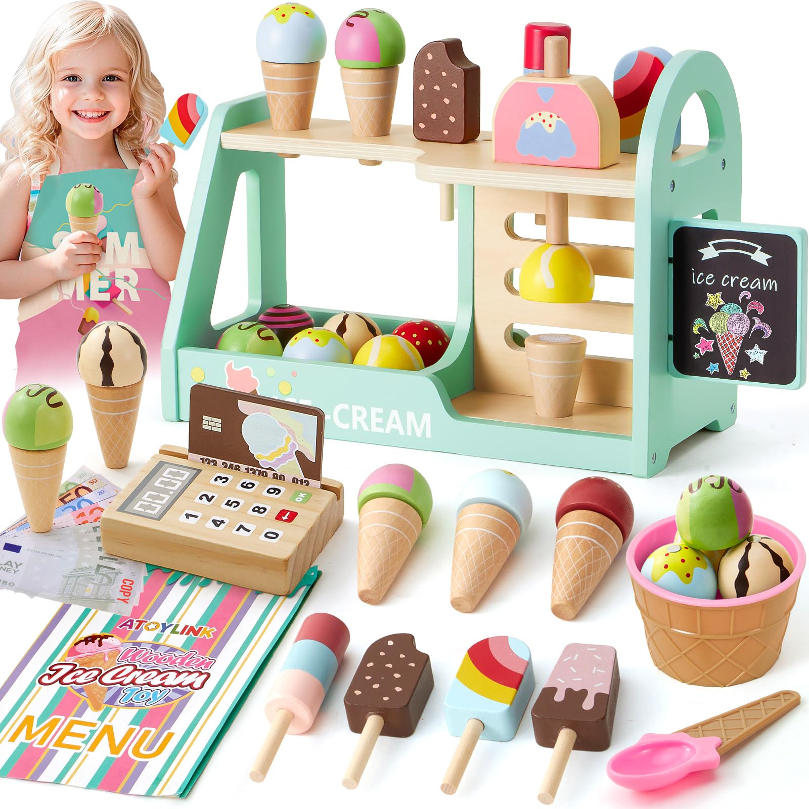 Heladeria Juguete, Cocina Juguete, Comiditas de Juguete, Juguetes Montessori de Madera Juego Educativo de Matemáticas y Lógica, Regalo para Niños Niñas 3 4 5 6 Anos