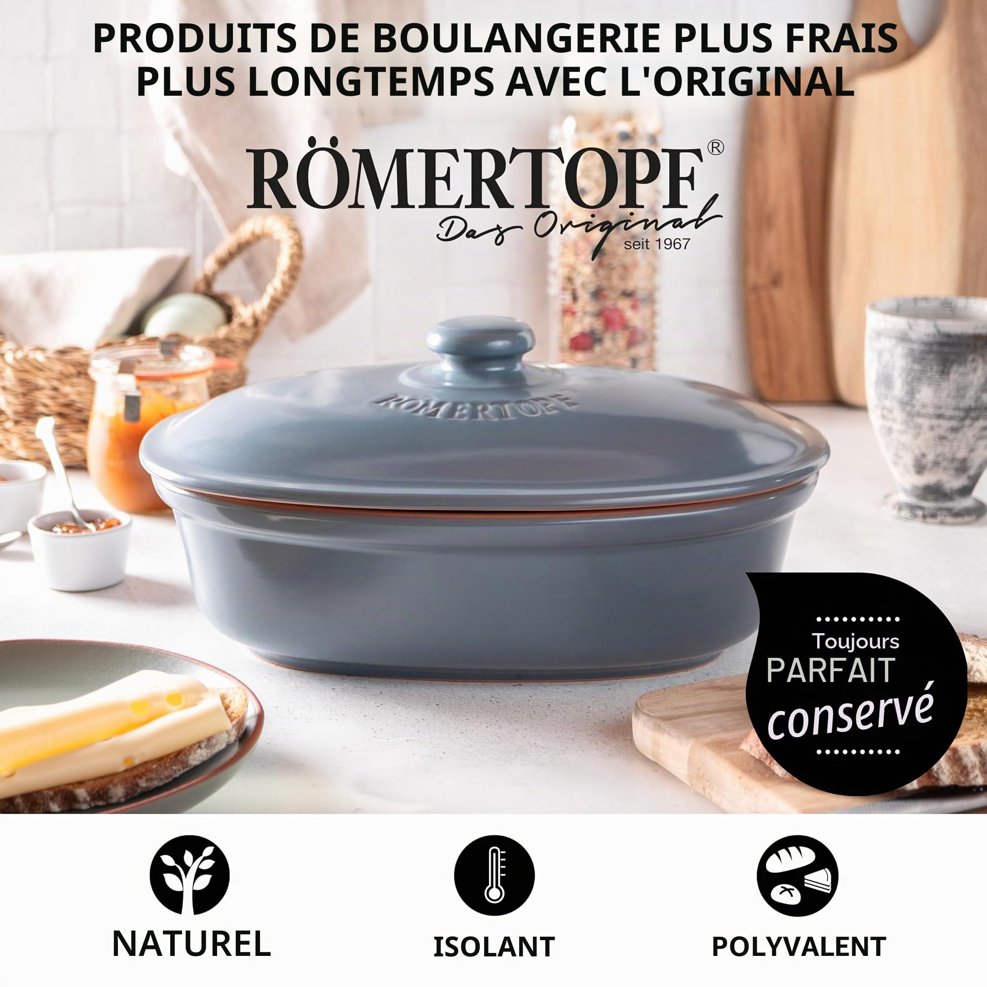 Römertopf Pot à pain en céramique naturelle, idéal pour ranger le pain et les pâtisseries 30x21x14,5 cm bleu-gris