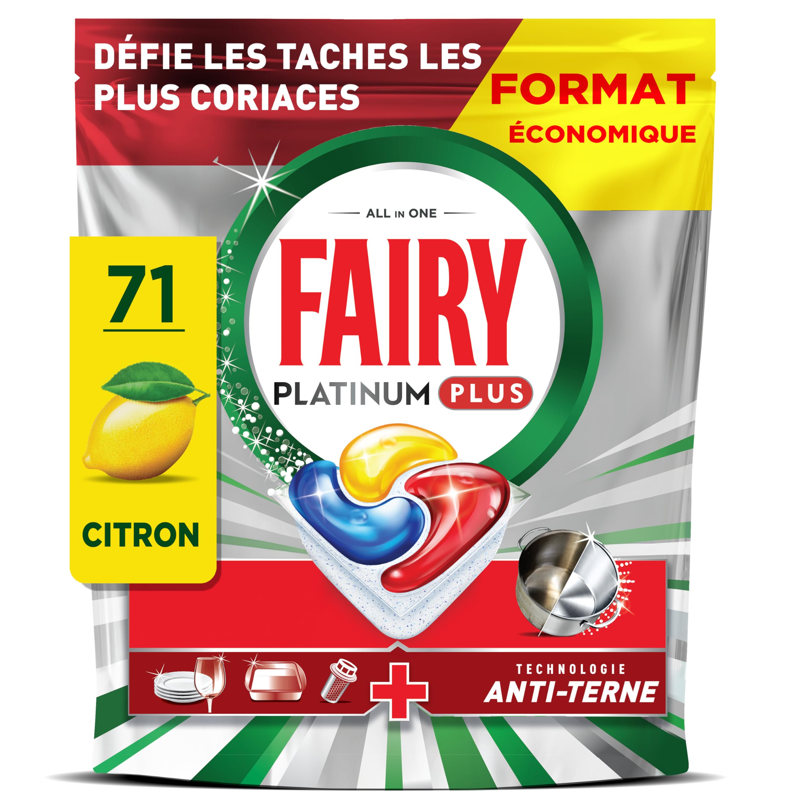 Fairy Platinum Plus Tablettes Lave-Vaisselle Tout-en-1, 71 Tablettes, Parfum Citron, Technologie Anti-Terne, Redonne l'Éclat, Prévient le Calcaire, Système Pré-Lavage Intégré, Efficace en Cycle Court