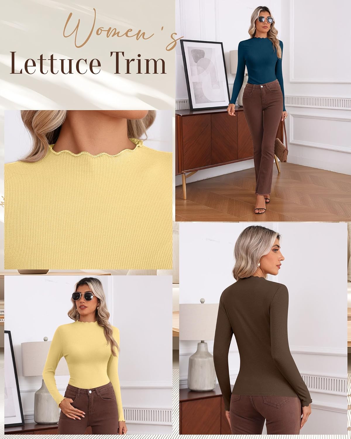 Huukeay 3 Pack Women's Ribbed Mock Turtleneck Shirts Cotton Long Sleeve Tops Lettuce Trim Slim Fit Soft Tees for Layering - Image 6