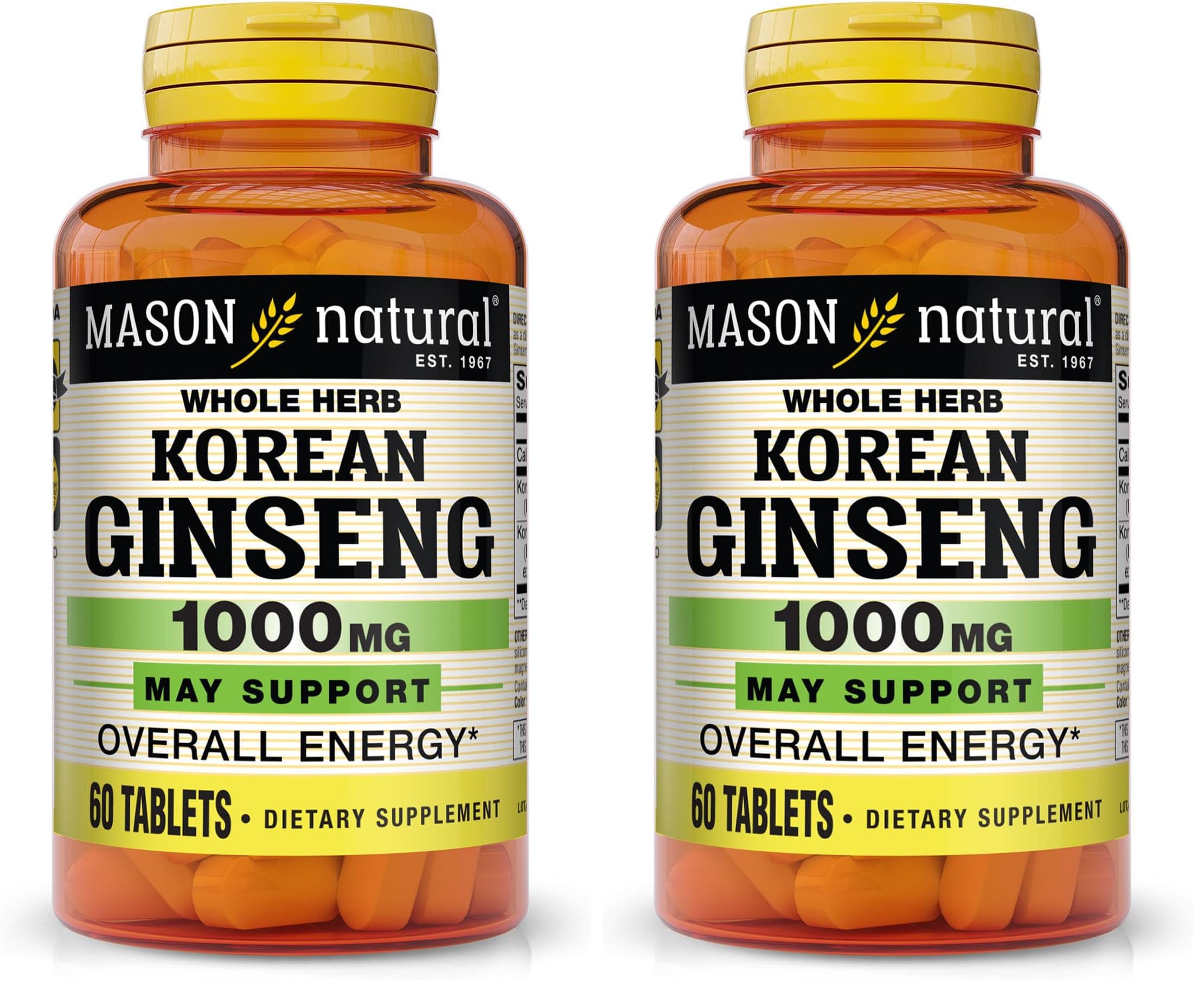 MASON NATURAL Korean Ginseng 1,000 mg, Supports Energy, Endurance & Vitality, 60 Tablets (Pack of 2) 60 Count (Pack of 2)