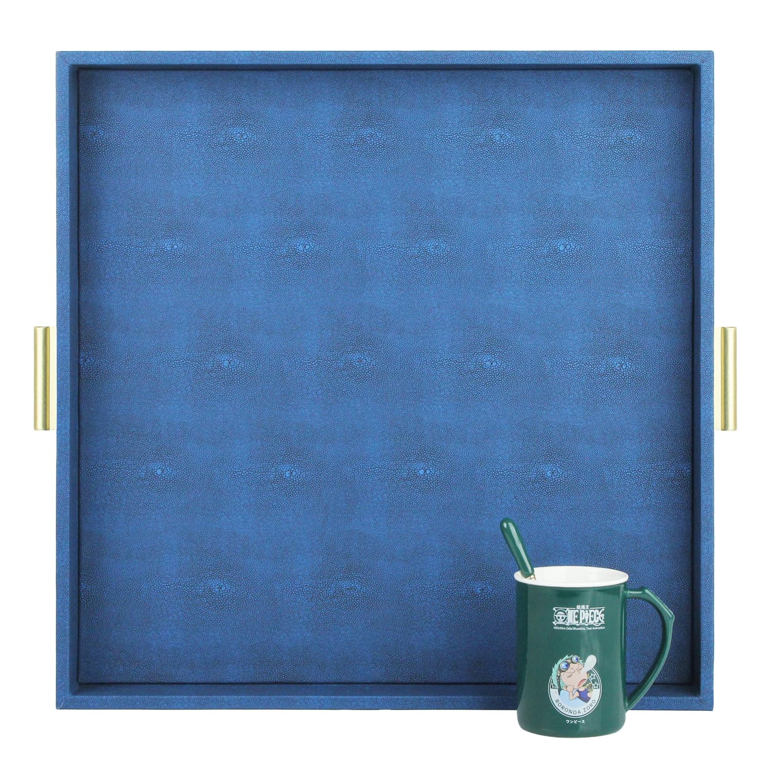 HofferRuffer Elegant Decorative Serving Tray, 20"x20" Square Faux Leather Ottoman Tray with Gold Hardware Handles, Coffee Table Tray Serve Tea, Coffee or Breakfast (Navy Blue)