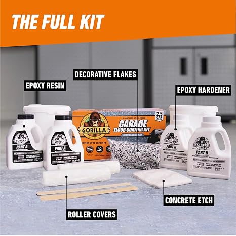 Gorilla Epoxy Garage Floor Coating Kit, 12 Pieces, 550 sq. ft. Coverage | High Gloss Gray Finish, 100% Solids, Superior Adhesion, Incredibly Durable, Ideal for Concrete Flooring
