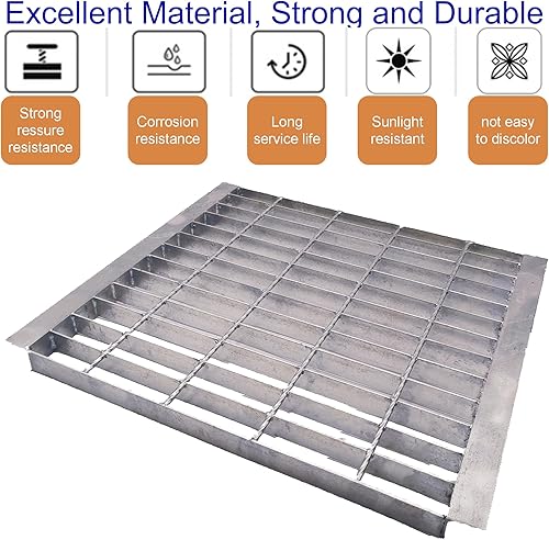 Miniatura 2 de DuuMuut Rejilla de drenaje de acero galvanizado y marco, cubierta de drenaje para exteriores de 18 x 18 pulgadas con base, rejilla de canal clase