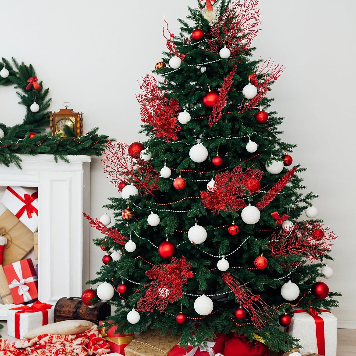 Moucuny 30 Pcs Artificial Valentines Picks and Sprays Glitter Berry Stem Branches Holly Floral Picks Twigs Christmas Tree Ornaments for DIY Valentines Wreath Vase Filler Decorations(Red)