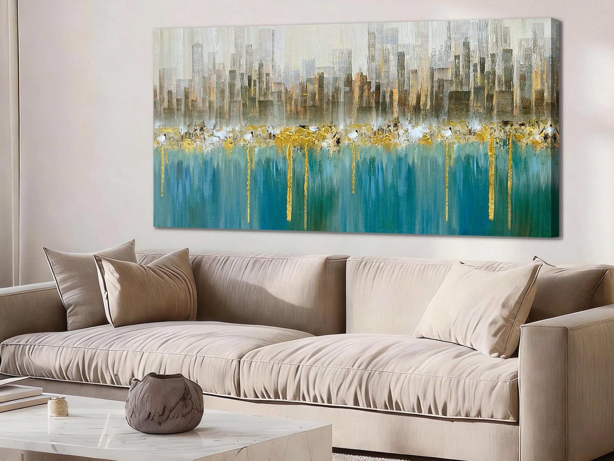 Ardemy Abstract Canvas Wall Art Large Teal and Gold Pictures Wall Decor Living Room Modern Textured Paintings Artwork for Walls Bedroom Dining Room Home Office, 58"x29"