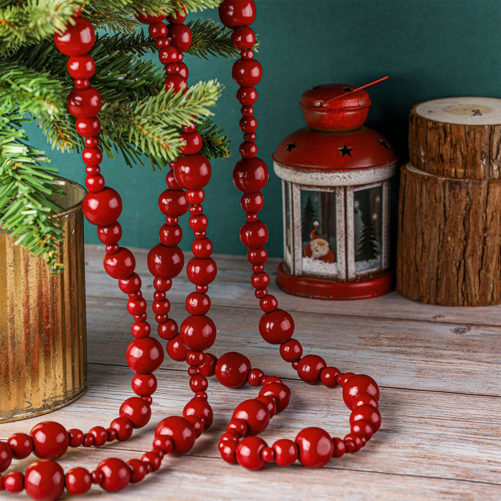 Lot de 2 guirlandes de perles de Noël en bois de 2,4 m - Guirlande de Noël rustique - Guirlande de perles décoratives bohème pour sapin de Noël - Décoration d'intérieur (rouge foncé)