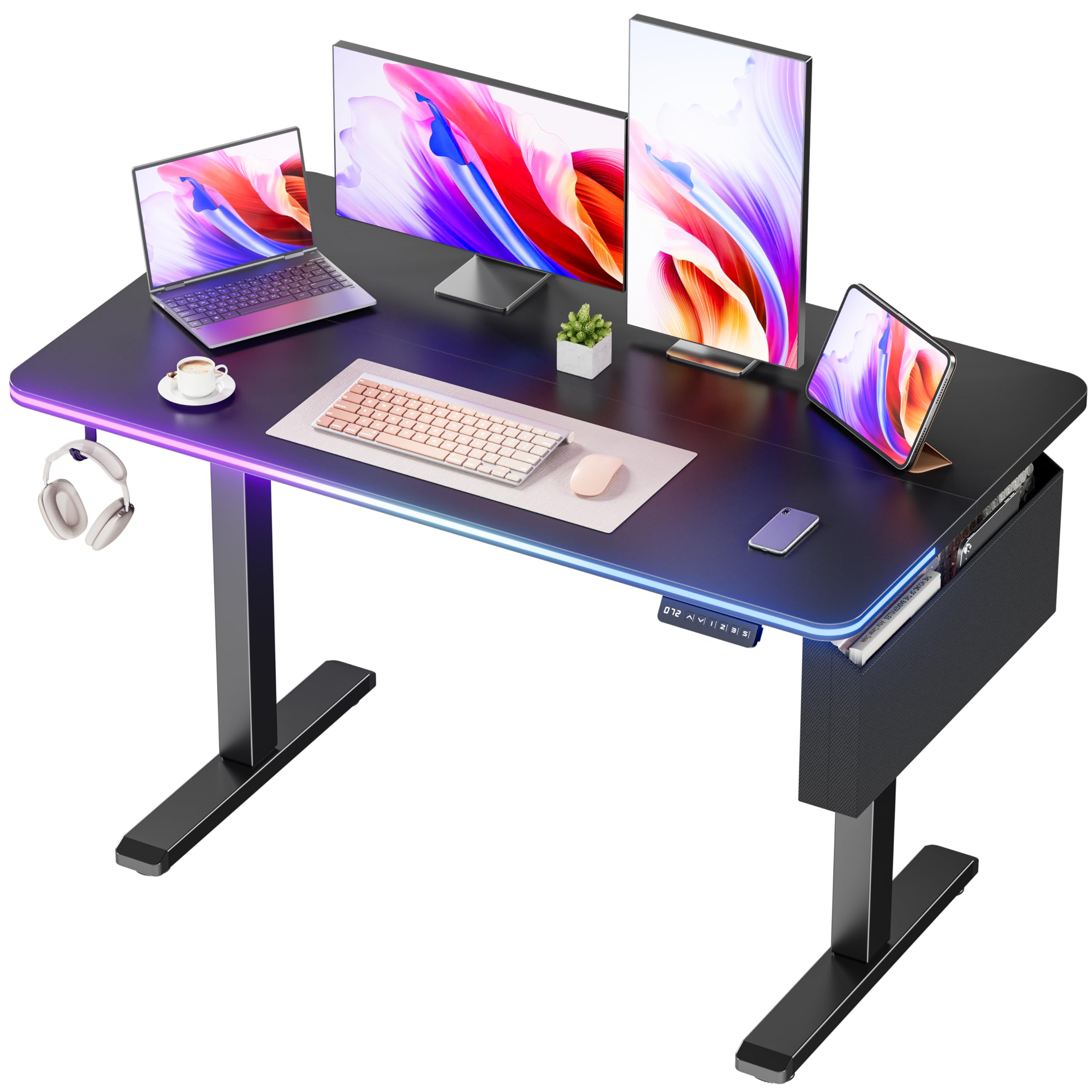 Electric Standing Desk 48x24 Adjustable Height Computer Desk with 3 Memory Presets RGB Lights Overheating Overvoltage Protection for