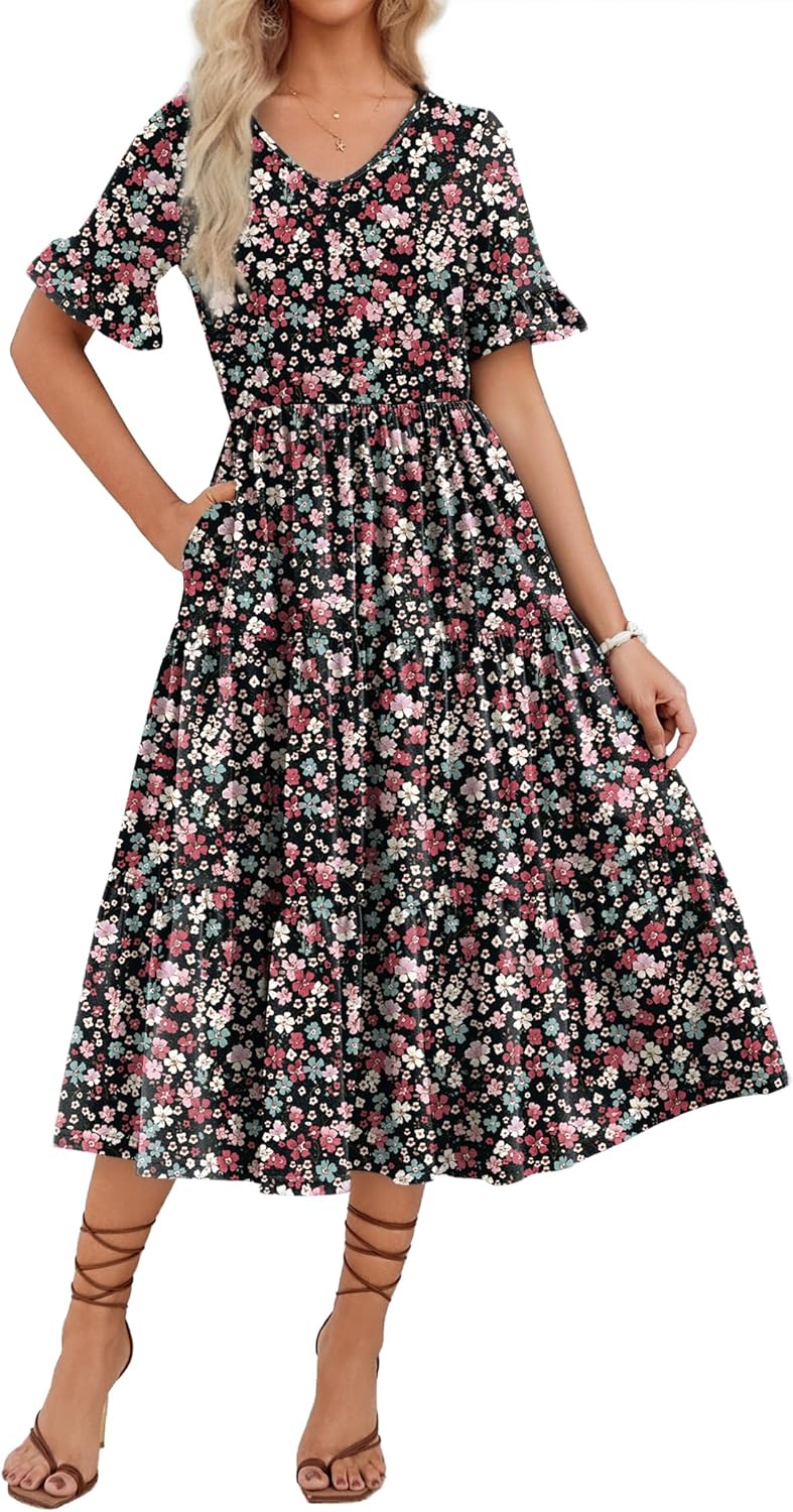 Zeagoo Women’s Summer Dresses Midi Tiered Casual Dress Floral V Neck Ruffle Short Sleeve Flowy Beach Dress with Pockets