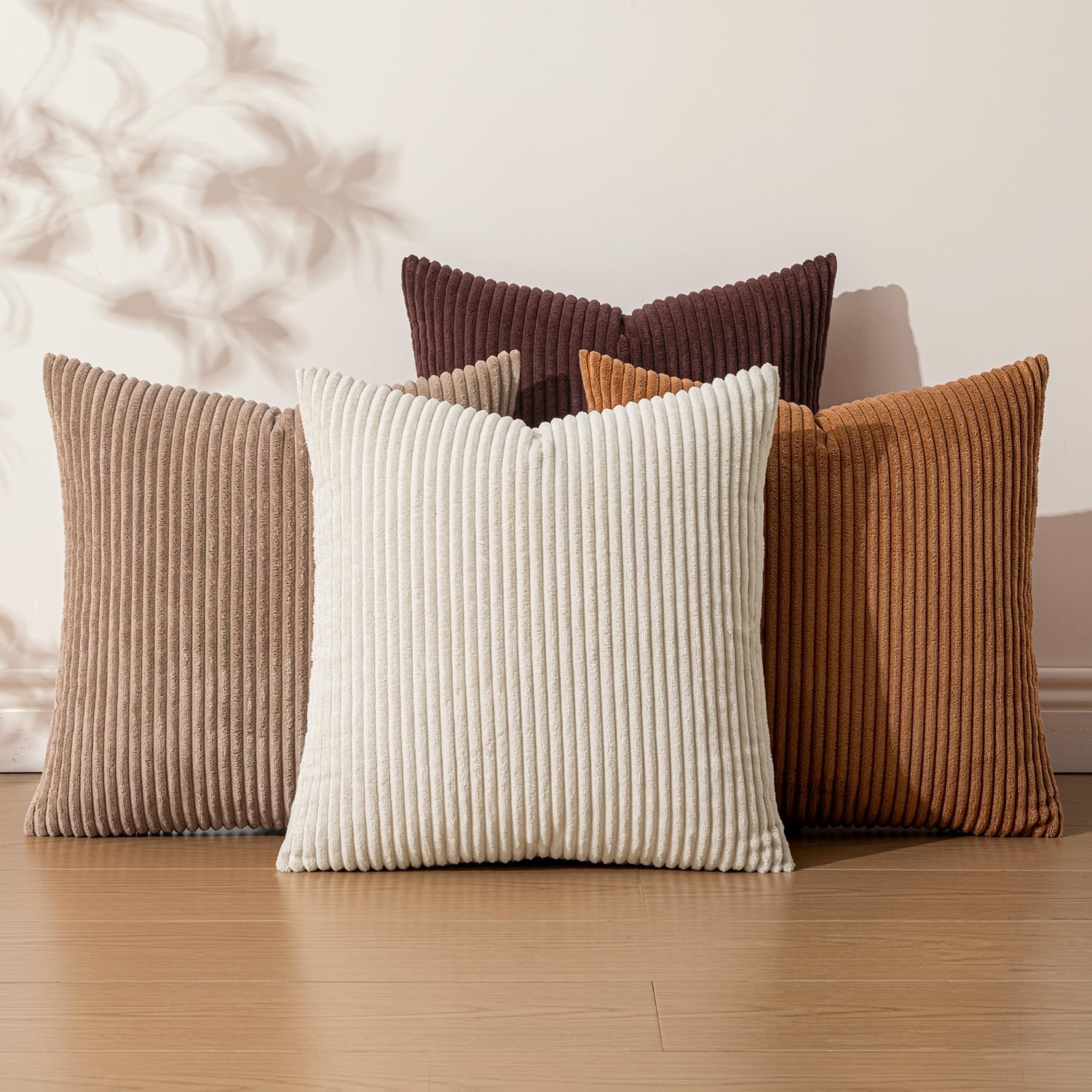 EMEMA Brown Decorative Throw Pillow Covers 20x20 Inch Set of 4 Boho Farmhouse Corduroy Striped Square Pillow Case,Western Modern Cushion Covers for Couch Bed Livingroom Home Decor