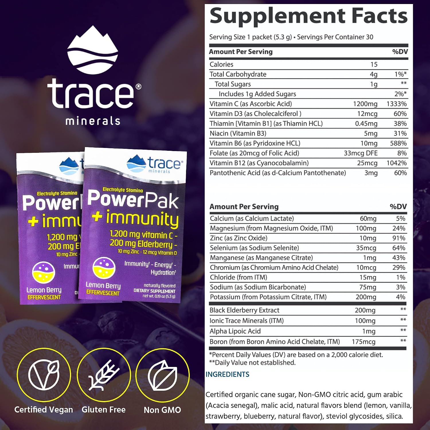 Trace Minerals | Power Pak Electrolyte + Immunity Boost Drink Mix | Elderberry, Zinc, Vitamins C, D3, B6, B12 | Immunity, Hydration, & Energy Support | Kids & Adults | Fizzy Lemon Berry |60 Packets