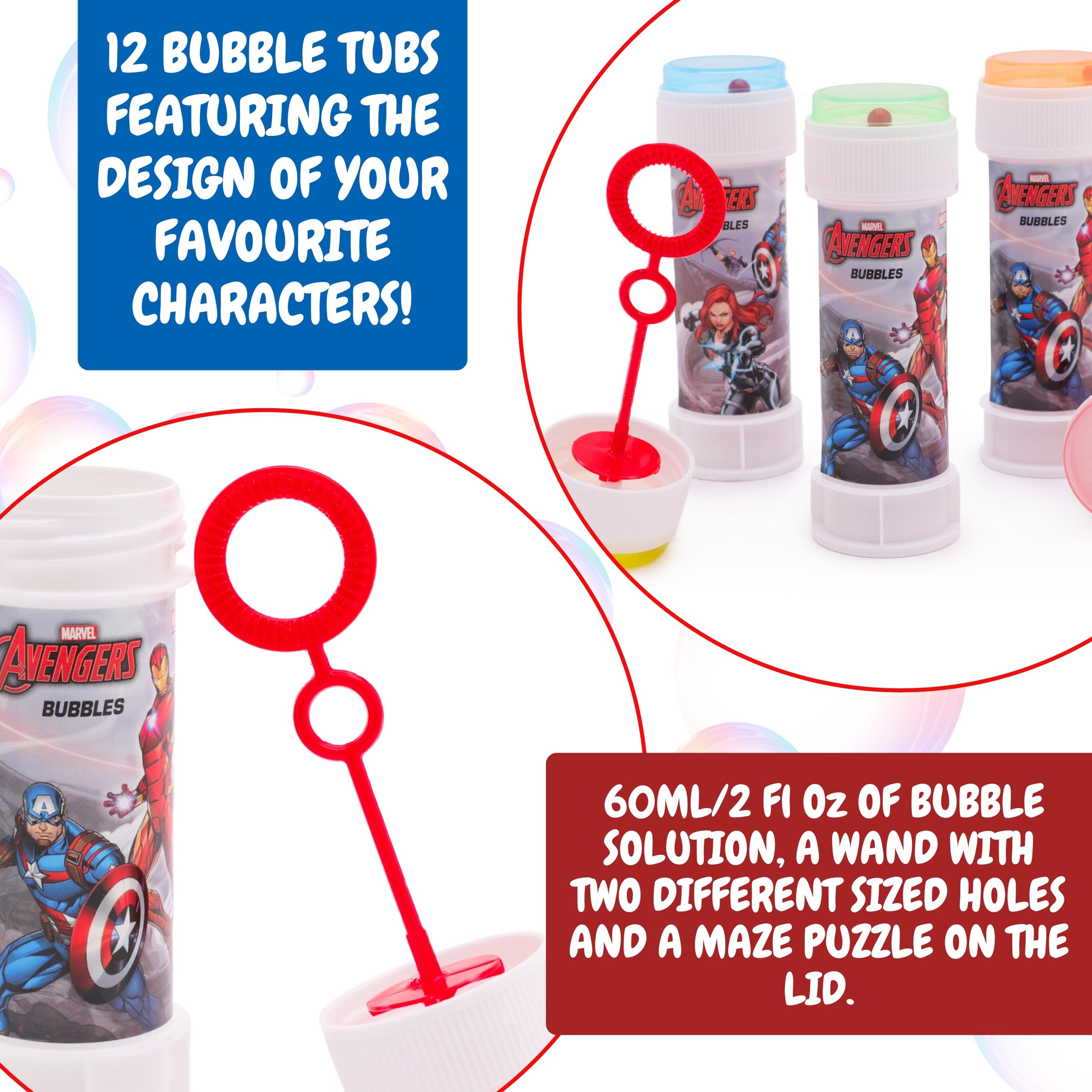Toyland® Pack of 12 Avengers Bubbles With Wands, 60ml Solution & Novelty Maze Lid - Pocket Money & Party Bag Toys - Image 3