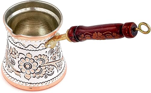Miniatura 2 de GOLDEN HORN Cezve Ibrik - Cafetera turca de cobre martillada grabada de 10 onzas con mango de madera, cafetera árabe pintada, cafetera griega Briki,