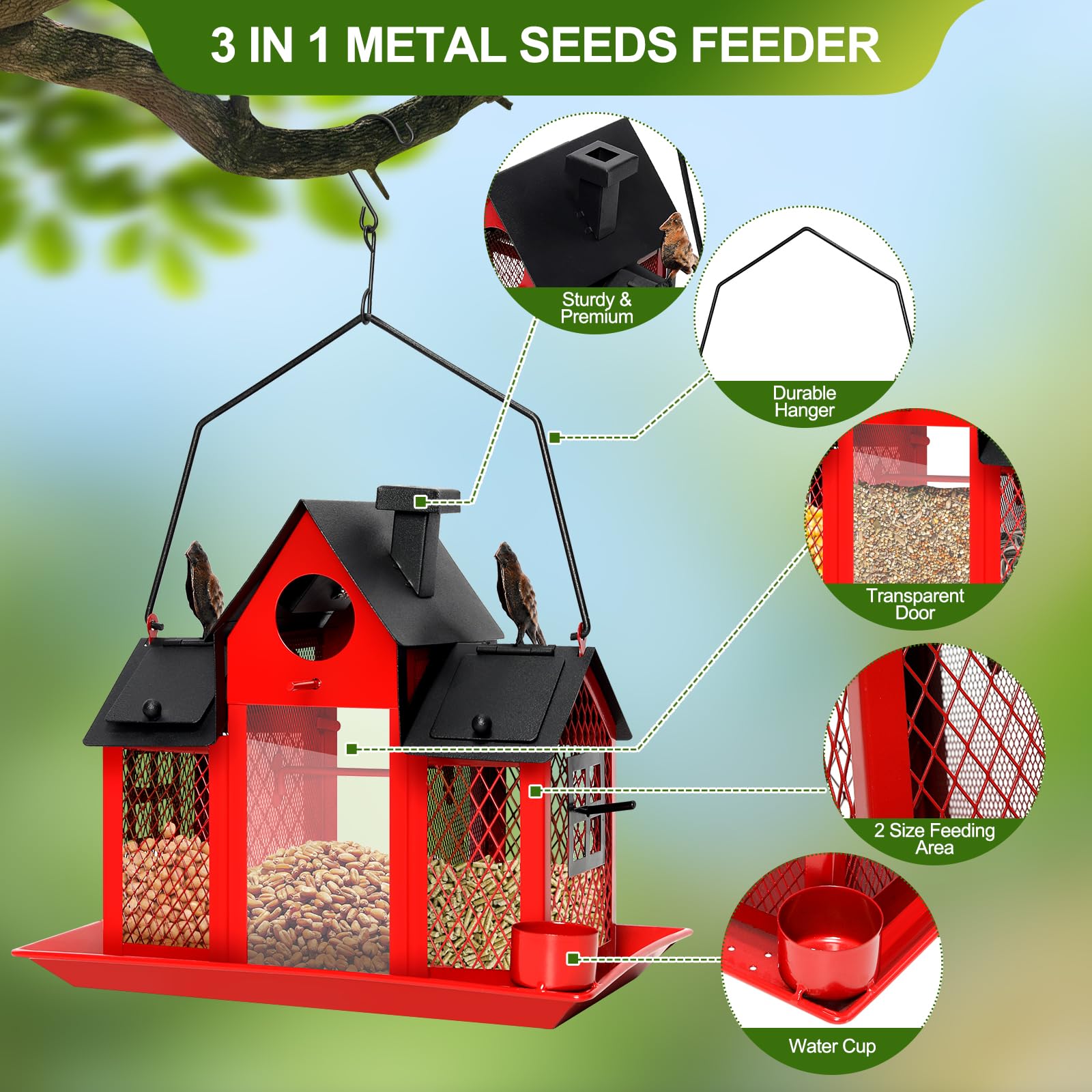 Condition photo showing Brand New for solar bird feeders house for outdoors hanging, 7lbs large capacity metal wild bird feeder squirrel proof for outside with water cup, cardinal birdfeeder birdhouses gift for bird lovers (red)